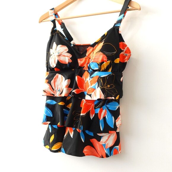 Black Floral Tankini Swim Top Large Layered V Neck Bold Hawaiian Boho Beach - Picture 2 of 8